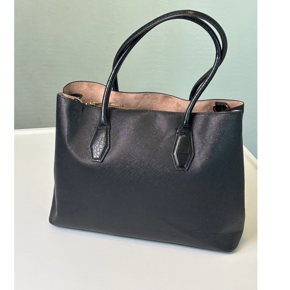 H&M Handbags - H&M Black Saffiano Tote Bag Gold Hardware Croc Trim Satchel with Crossbody Strap
